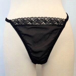 🔥🔥Y2K Victoria’s Secret Silk Chiffon Sheer Black Lace Vintage Thong Panties M
